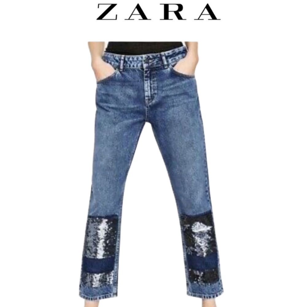 Zara cropped sequins boyfriend jeans size 2